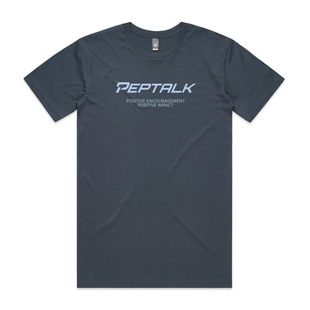 Petrol blue men's shirt with "PepTalk Positive Encouragement Positive Impact" design