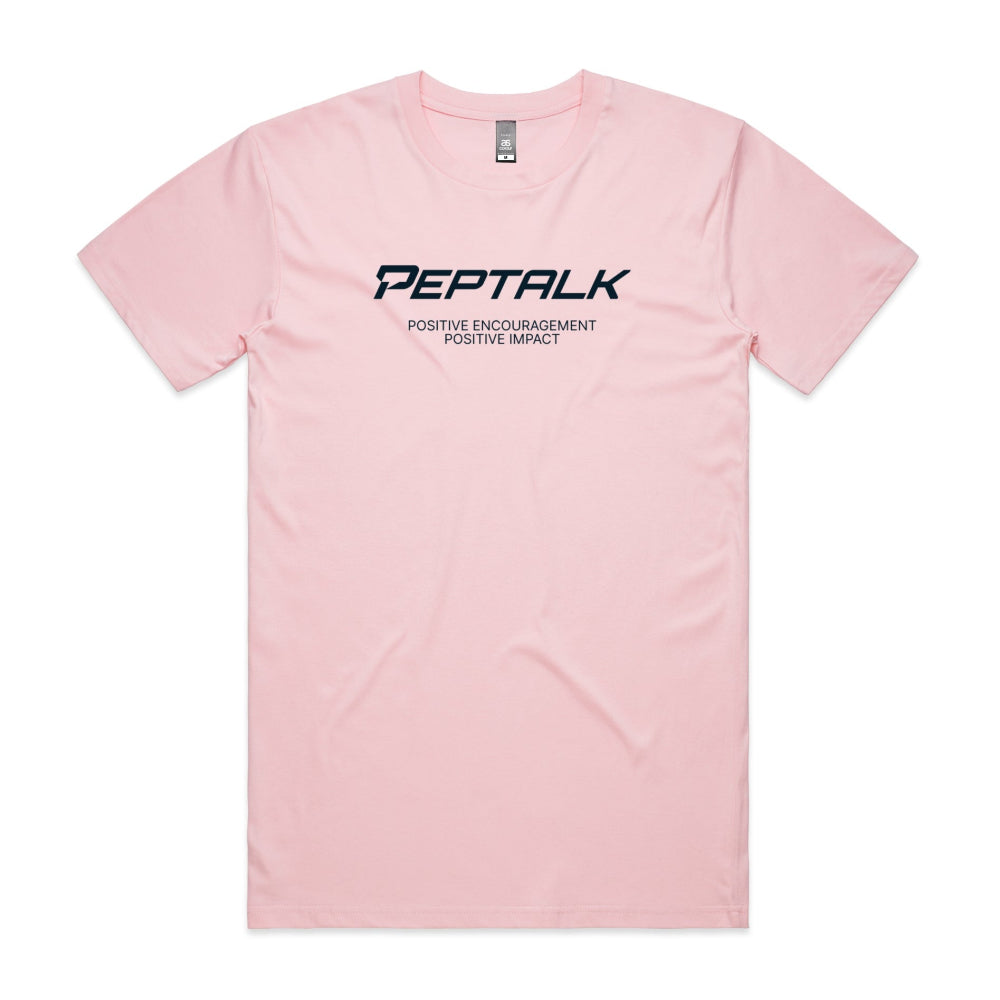 Pink men's shirt with "PepTalk Positive Encouragement Positive Impact" design