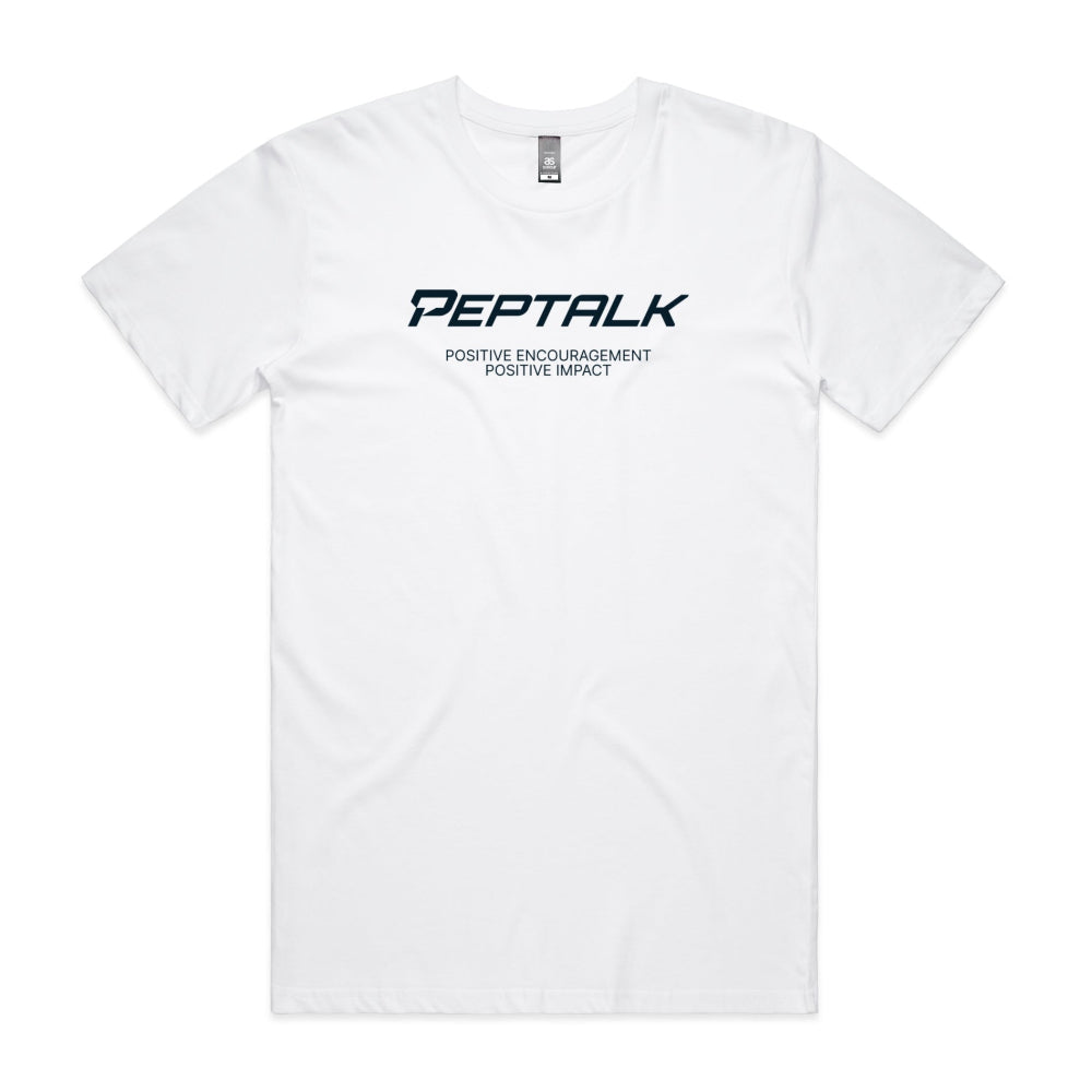 White men's shirt with "PepTalk Positive Encouragement Positive Impact" design