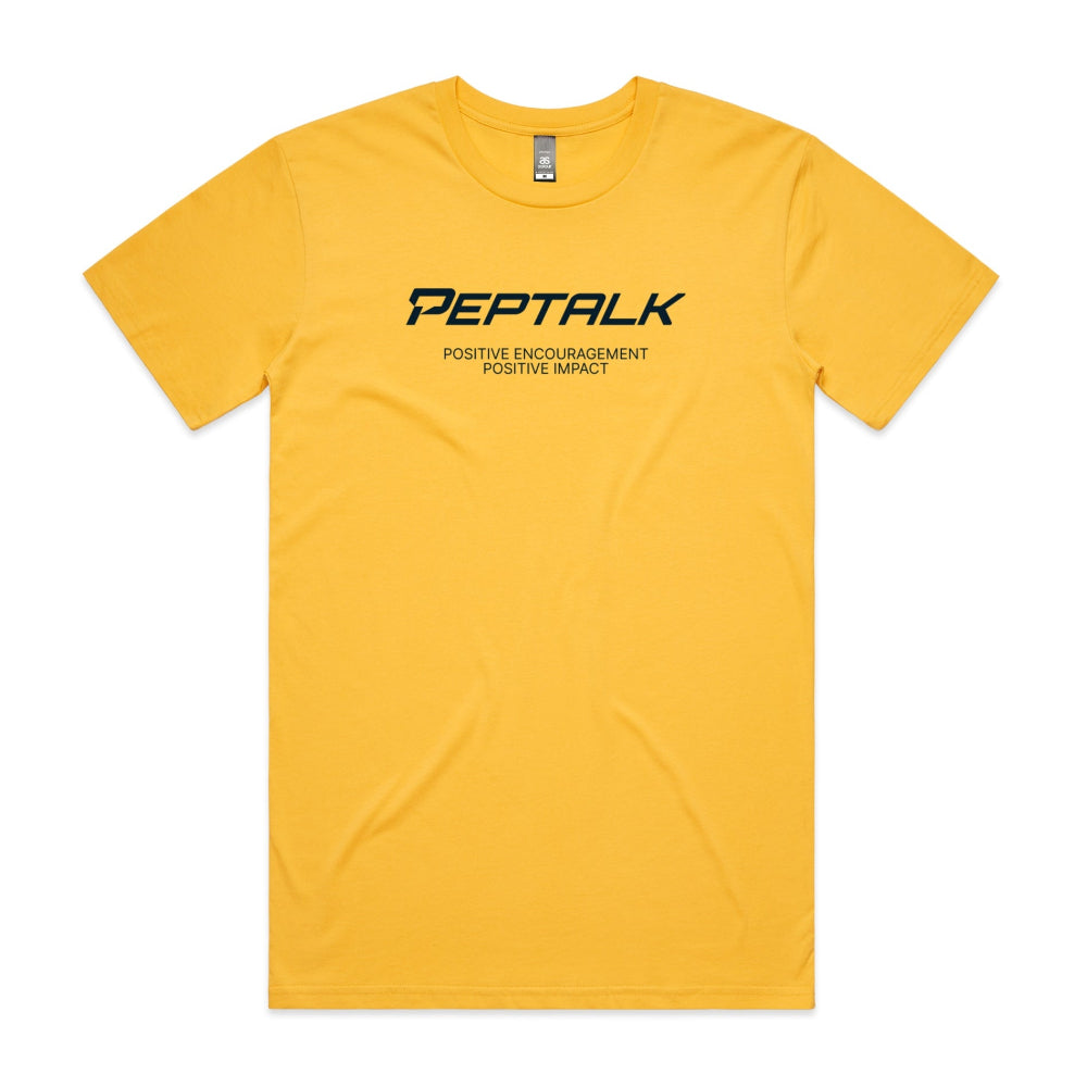 Yellow men's shirt with "PepTalk Positive Encouragement Positive Impact" design