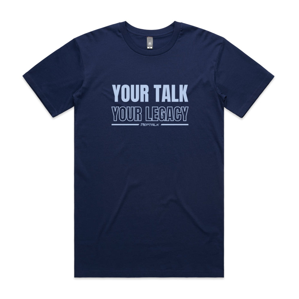 Cobalt men's shirt with Your Talk Your Legacy design