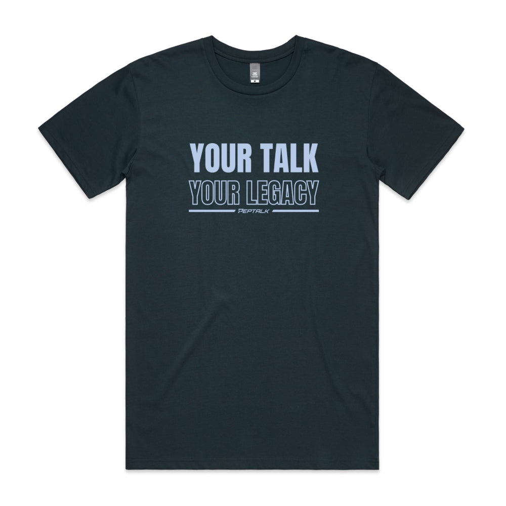 Indigo men's shirt with Your Talk Your Legacy design