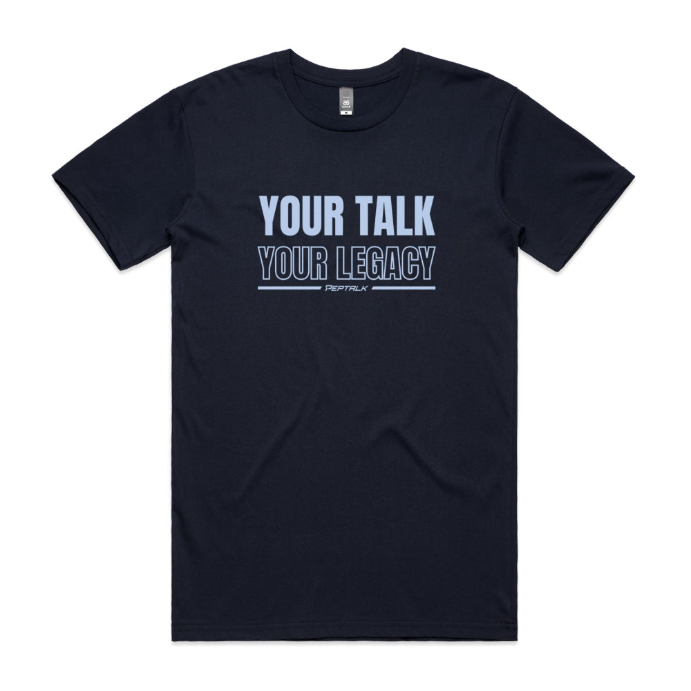 Navy blue men's shirt with Your Talk Your Legacy design