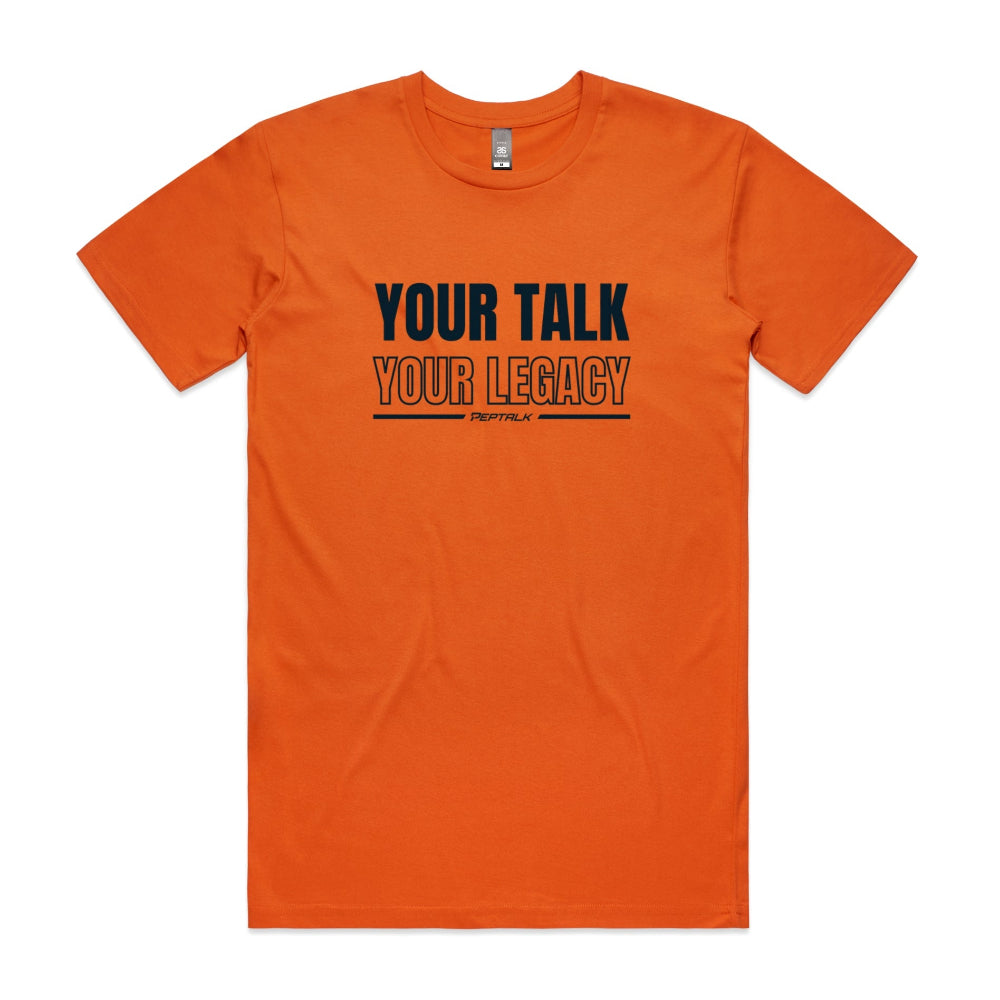 Orange men's shirt with Your Talk Your Legacy design