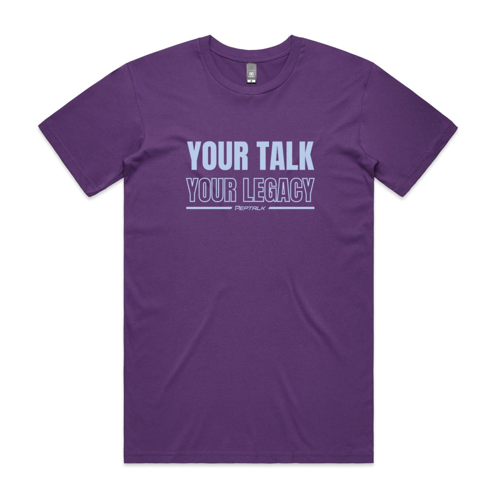 Purple men's shirt with Your Talk Your Legacy design