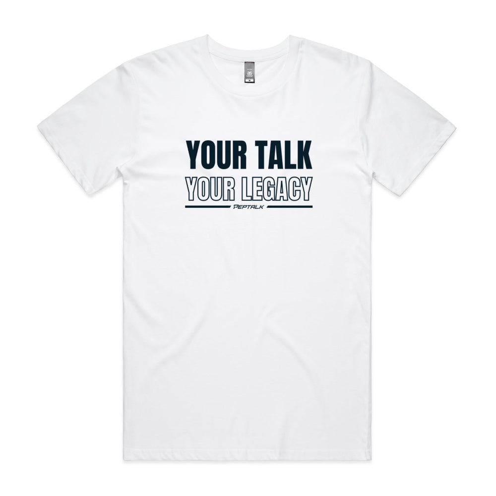 White men's shirt with Your Talk Your Legacy design