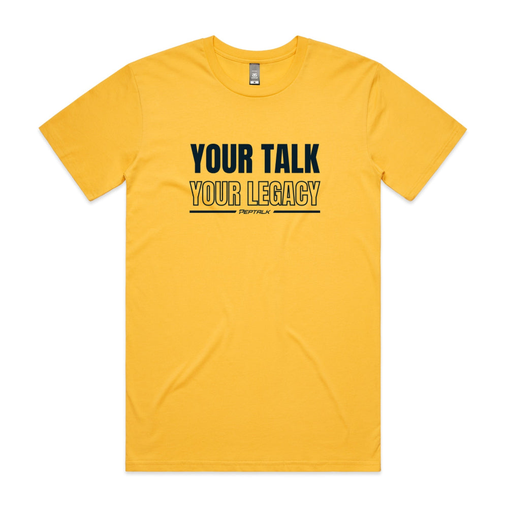 Yellow men's shirt with Your Talk Your Legacy design