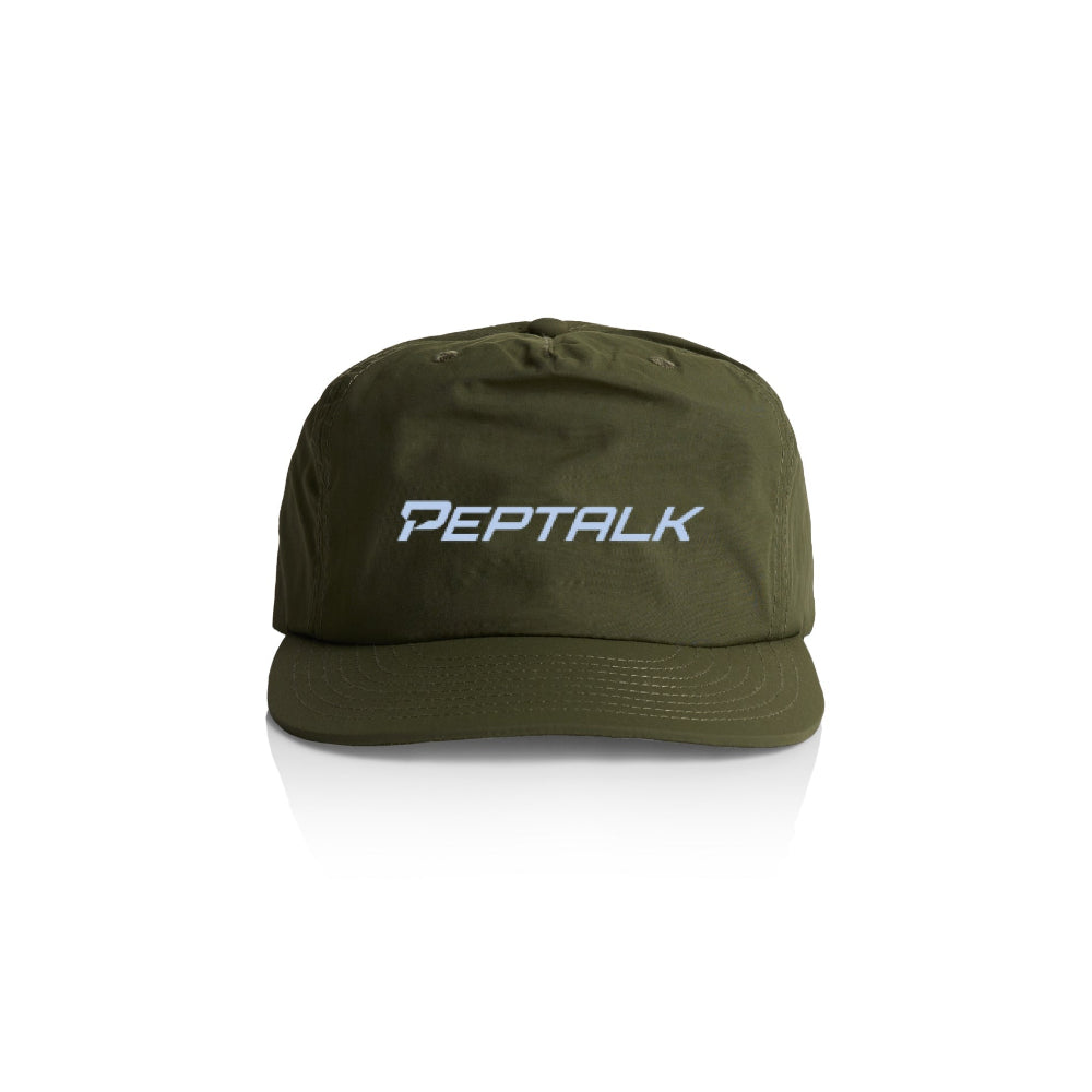 Army colour surf cap with blue PepTalk logo on white background