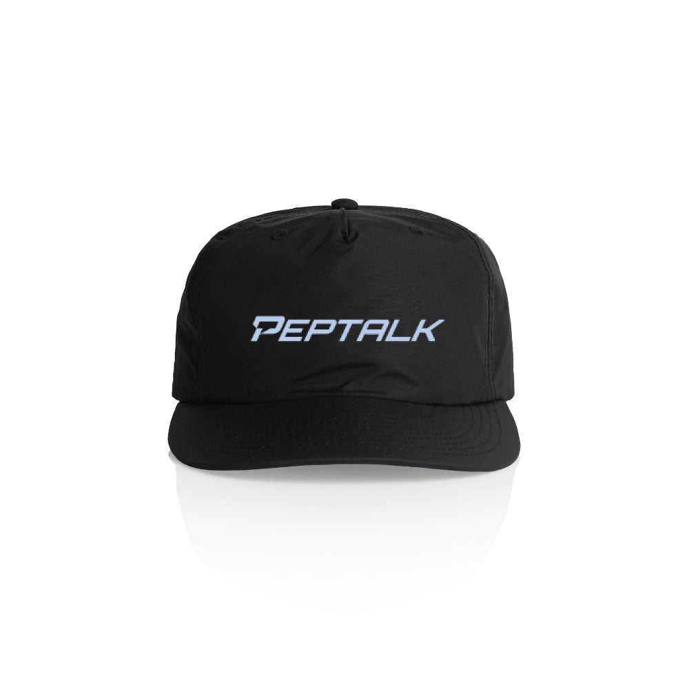 Black surf cap with blue PepTalk logo on white background