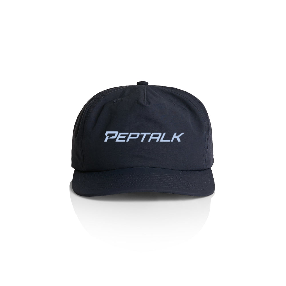 Navy surf cap with blue PepTalk logo on white background