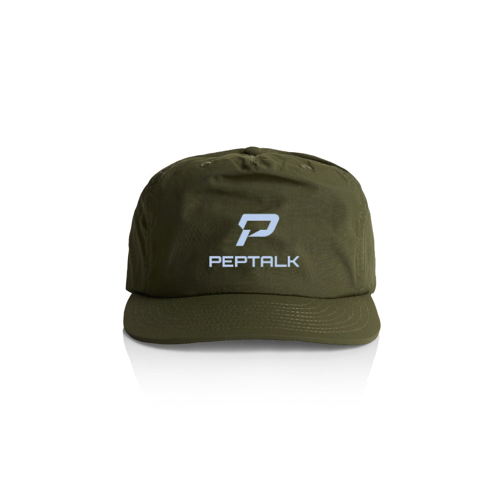 Army colour surf cap with blue portrait PepTalk logo on white background