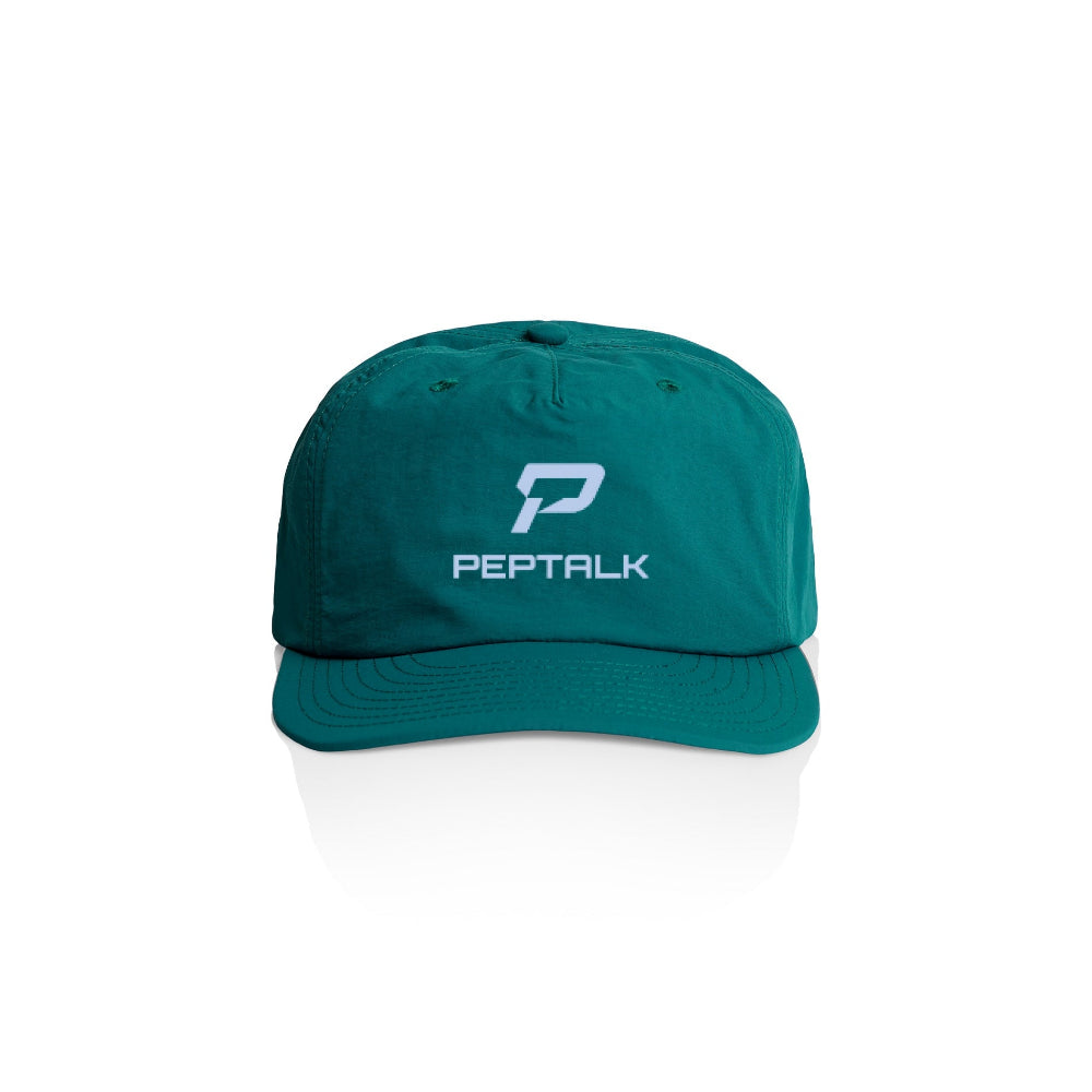 Atlantic colour surf cap with blue portrait PepTalk logo on white background
