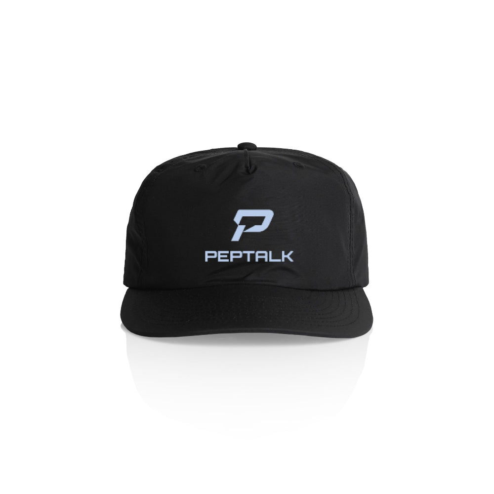 Black surf cap with blue portrait PepTalk logo on white background