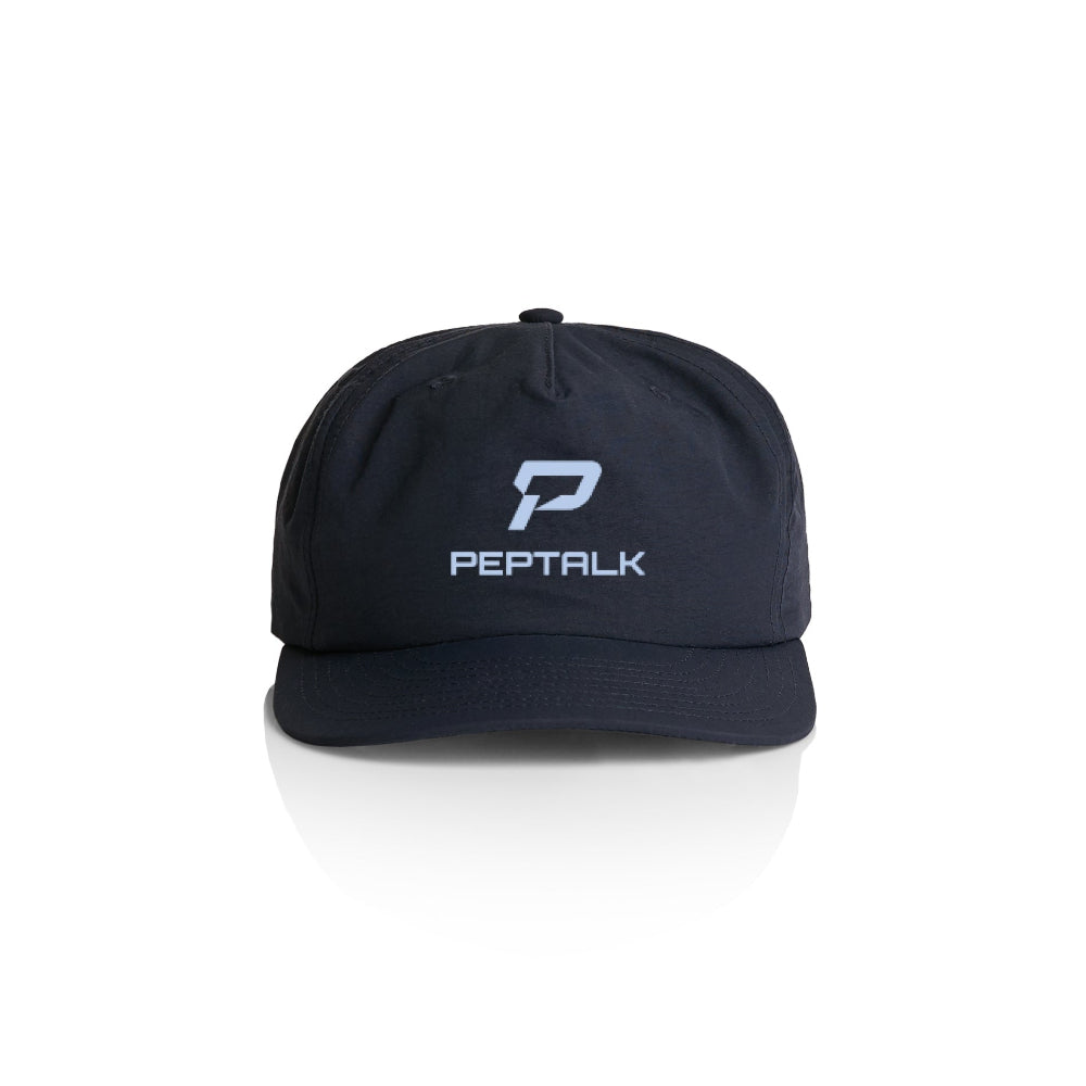 Navy surf cap with blue portrait PepTalk logo on white background