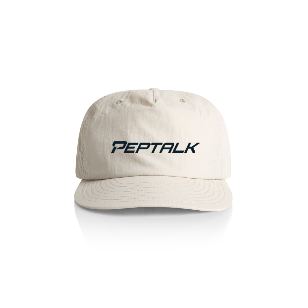 Bone colour surf cap with navy PepTalk logo on white background