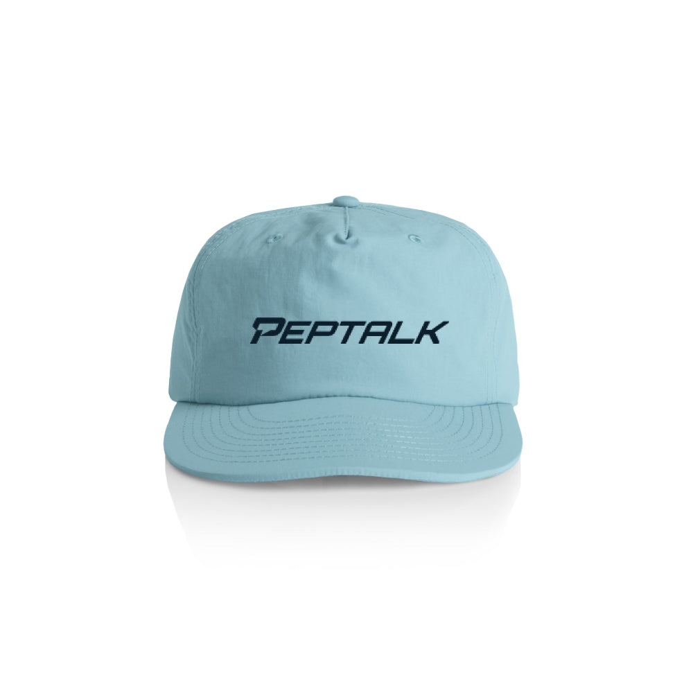 Carolina blue surf cap with navy PepTalk logo on white background