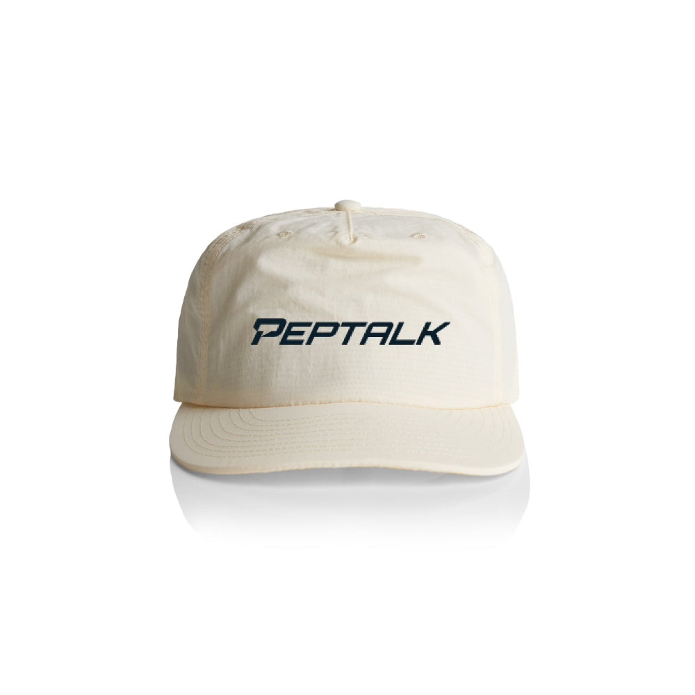 Ecru colour surf cap with navy PepTalk logo on white background