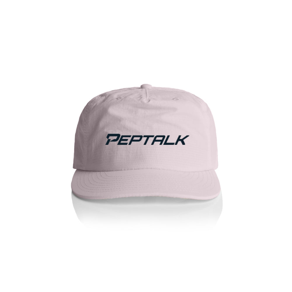 Orchid colour surf cap with navy PepTalk logo on white background