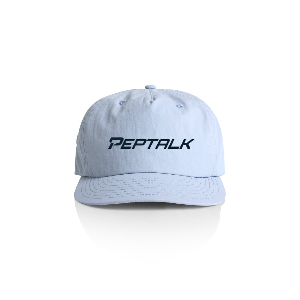 Powder colour surf cap with navy PepTalk logo on white background