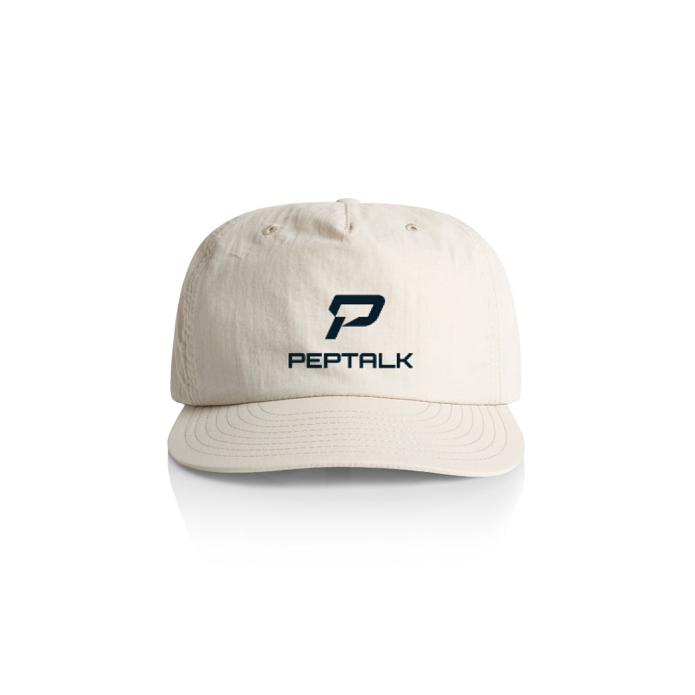 Bone colour surf cap with navy portrait PepTalk logo on white background