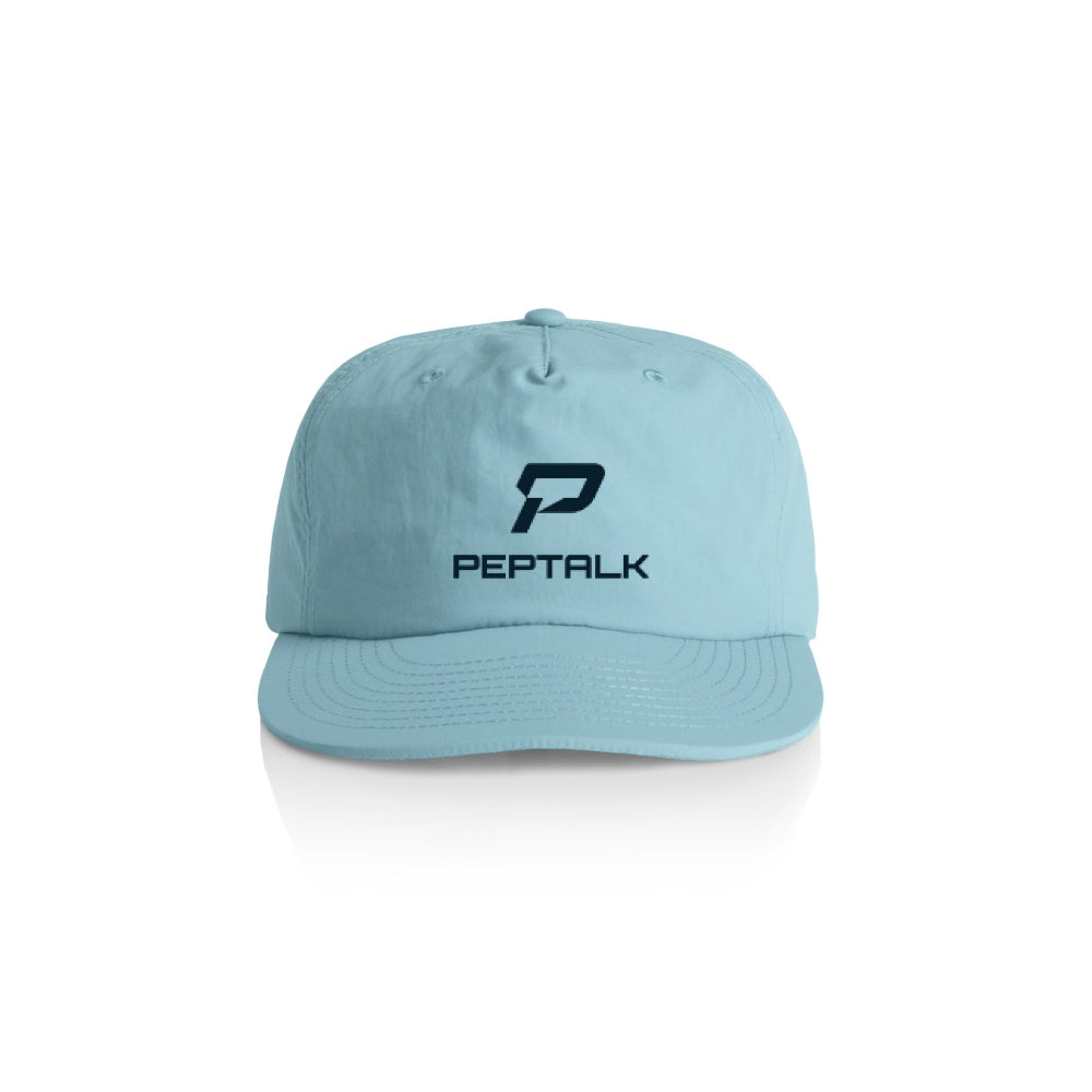 Carolina blue surf cap with navy portrait PepTalk logo on white background