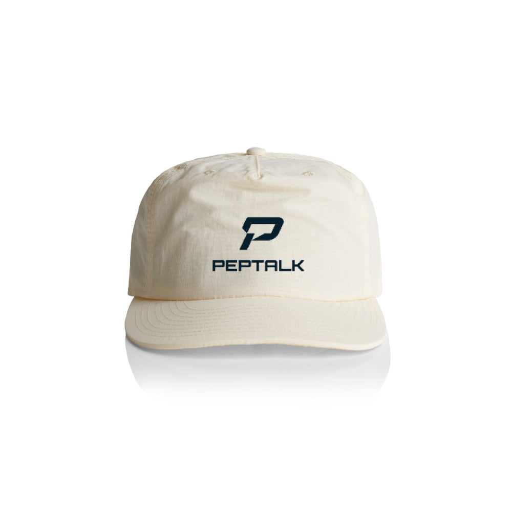 Ecru colour surf cap with navy portrait PepTalk logo on white background