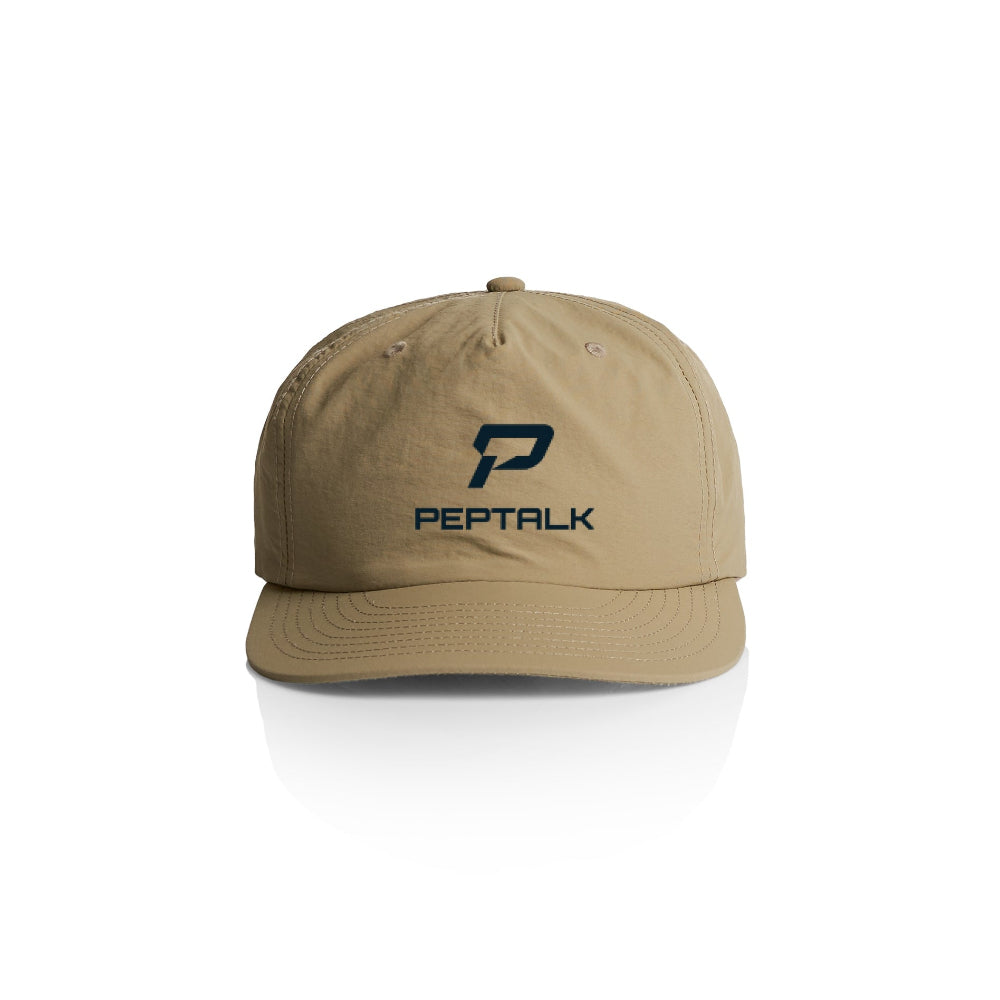 Khaki surf cap with navy portrait PepTalk logo on white background