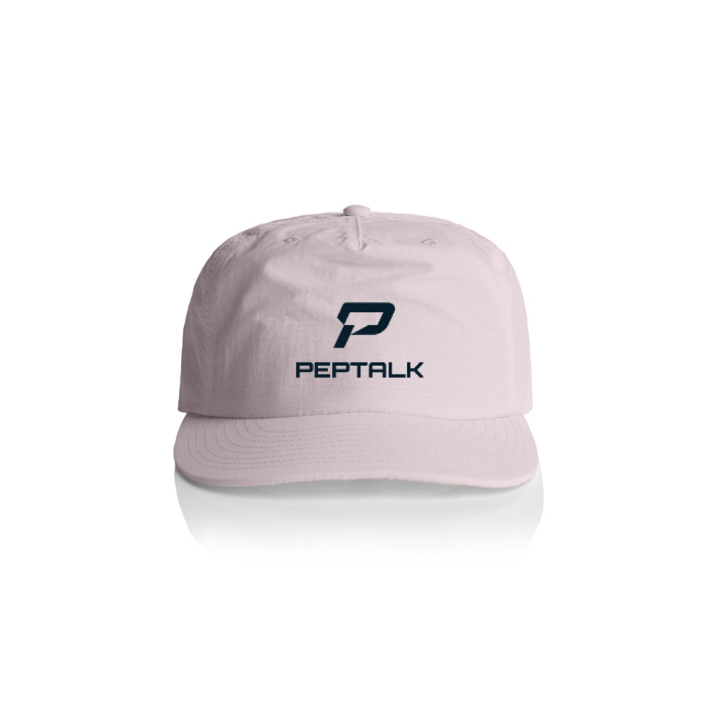 Orchid colour surf cap with navy portrait PepTalk logo on white background