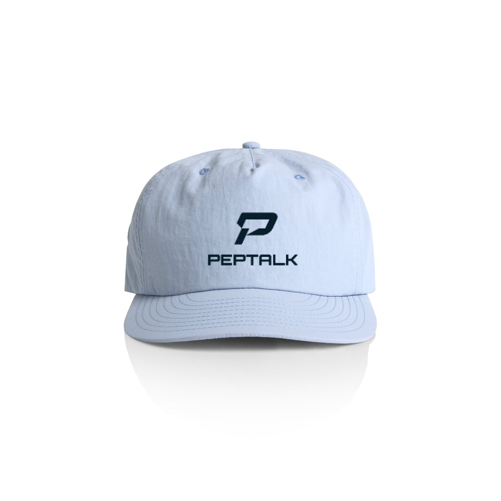 Powder colour surf cap with navy portrait PepTalk logo on white background