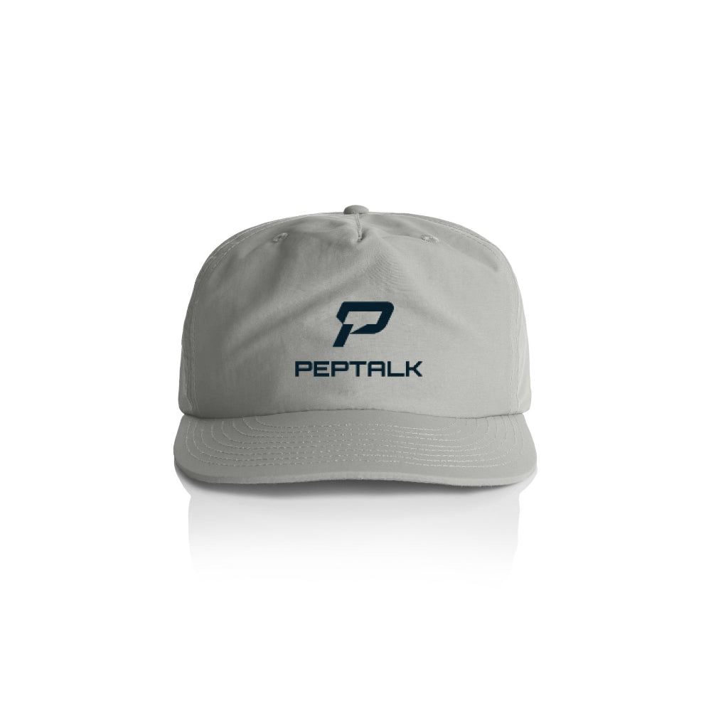 Storm colour surf cap with navy portrait PepTalk logo on white background