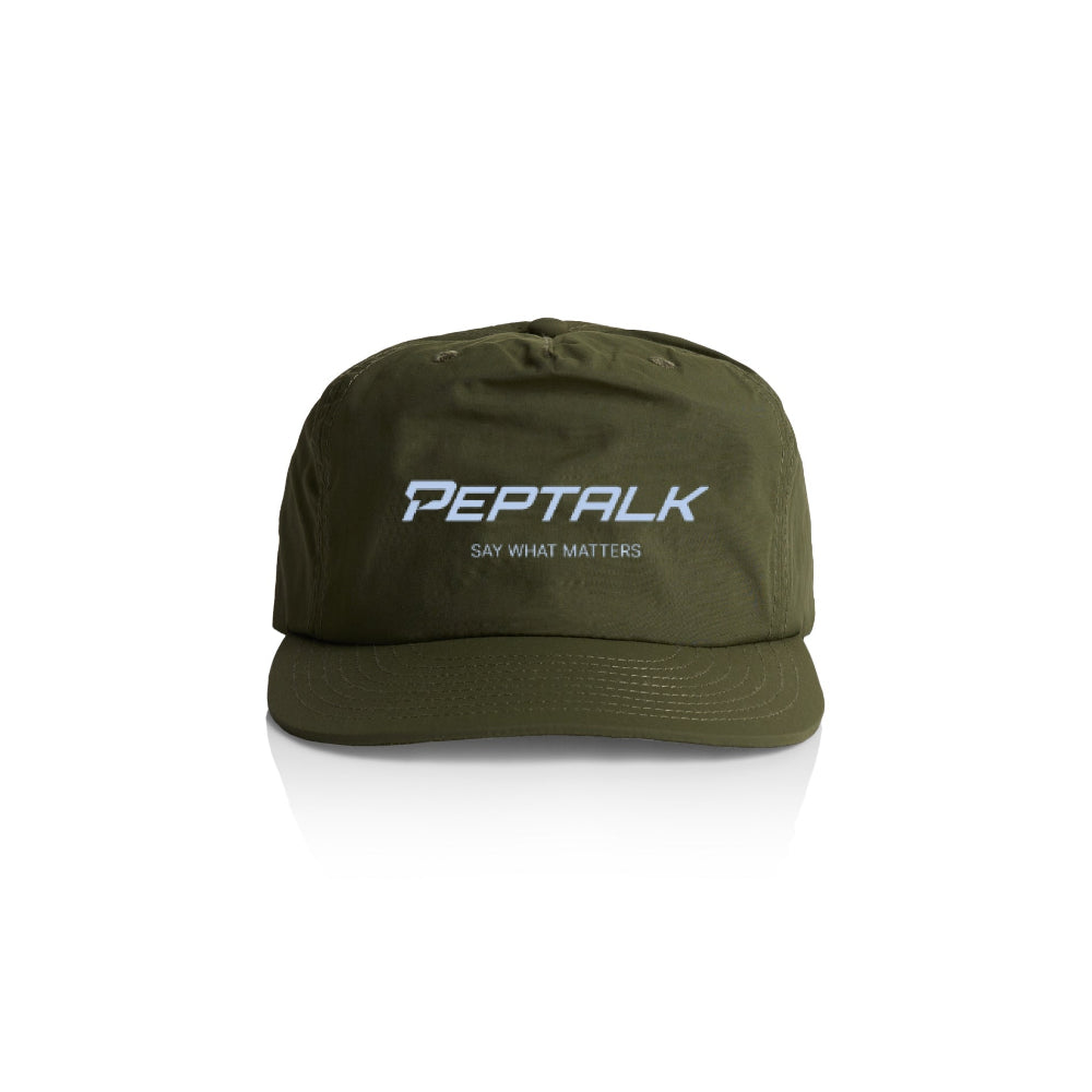 Army colour surf cap with PepTalk logo and "Say What Matters" design on white background