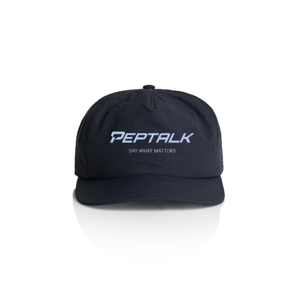 Navy surf cap with PepTalk logo and "Say What Matters" design on white background
