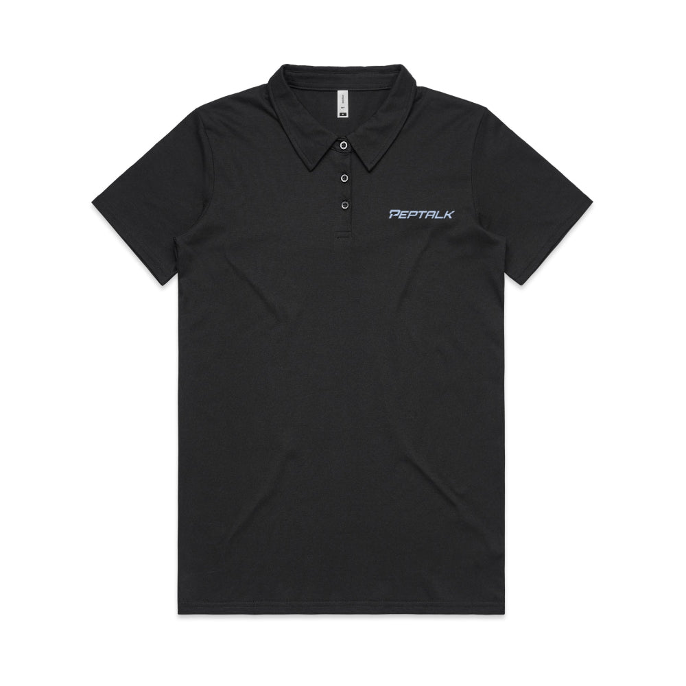 Black women's polo with blue PepTalk logo on white background