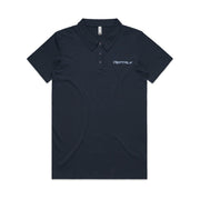 Navy women's polo with blue PepTalk logo on white background
