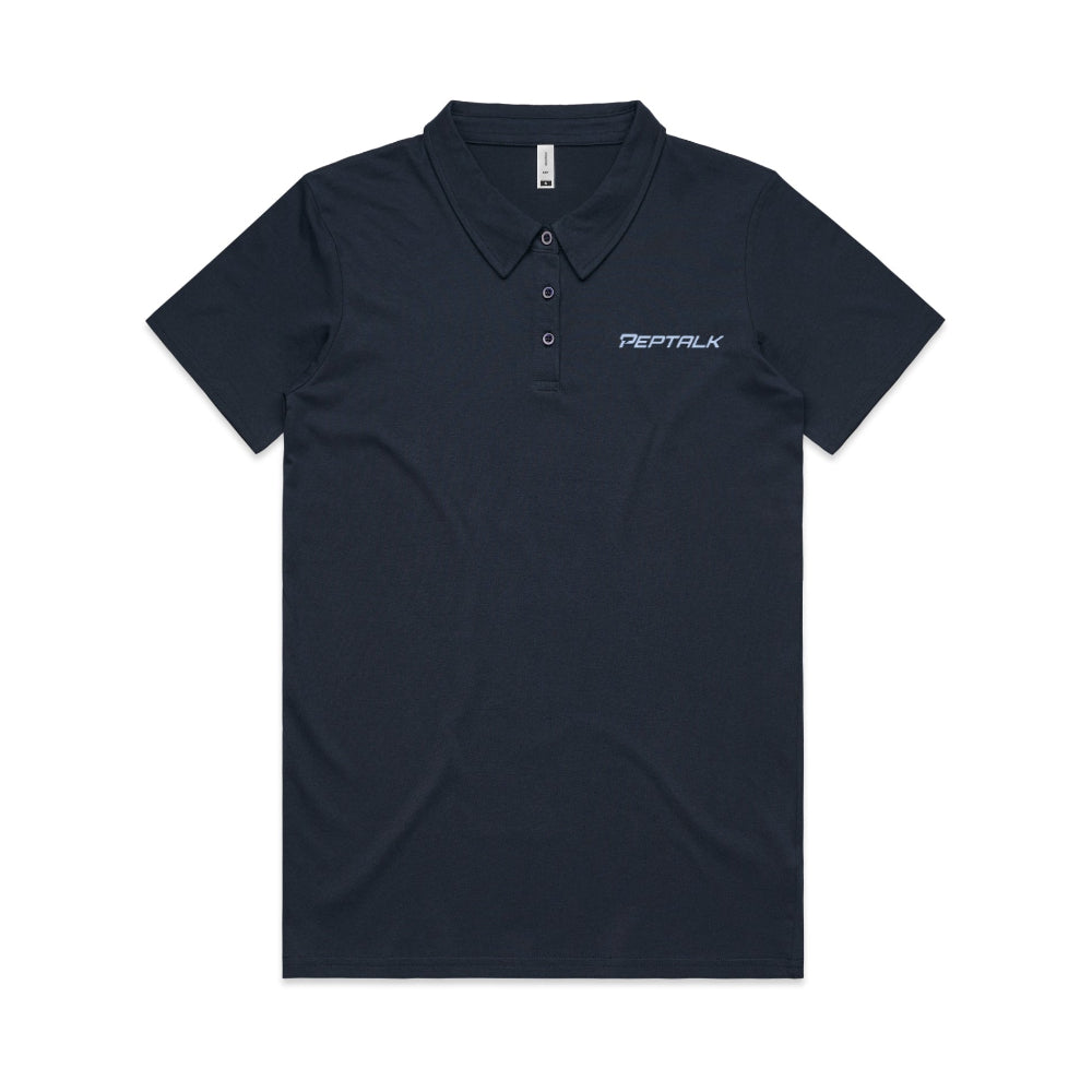 Navy women's polo with blue PepTalk logo on white background
