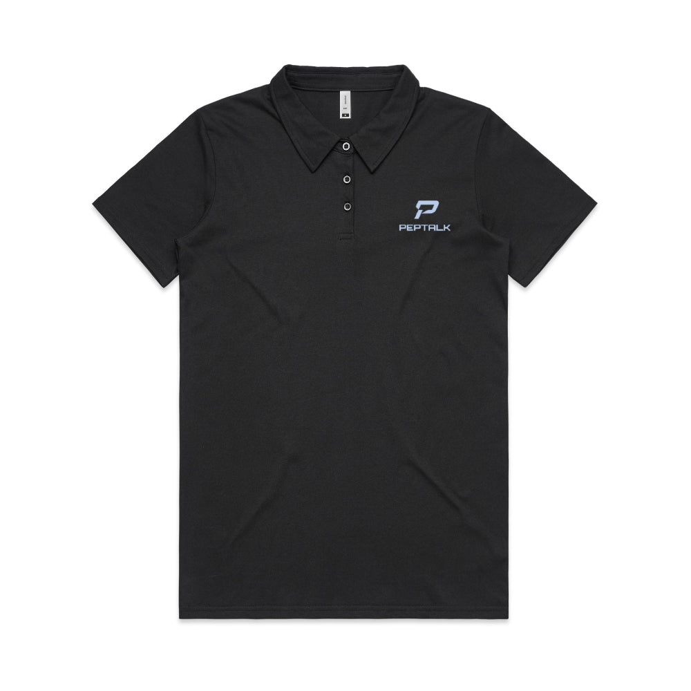 Black women's polo with blue portrait PepTalk logo on white background