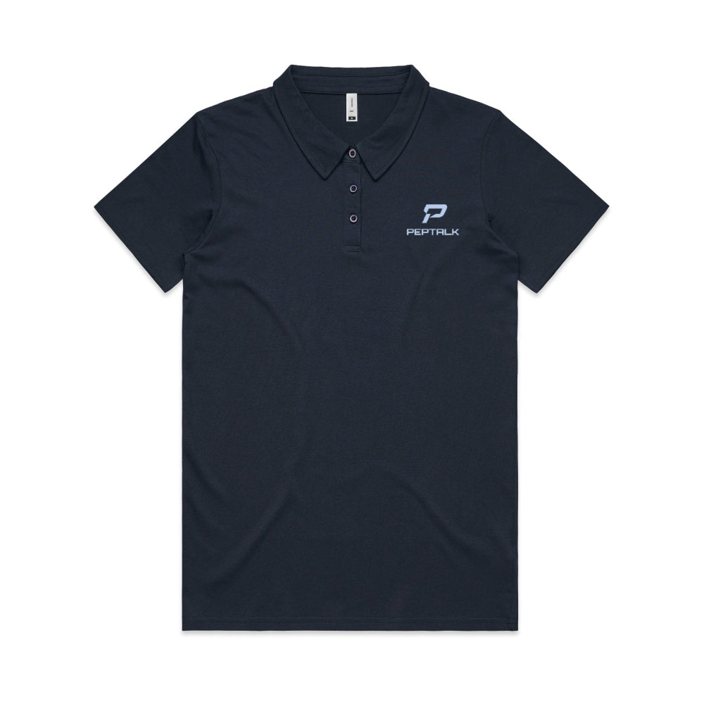 Navy women's polo with blue portrait PepTalk logo on white background