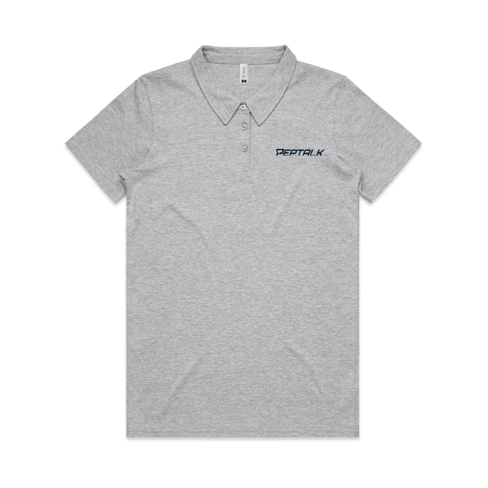 Grey women's polo with navy PepTalk logo on white background