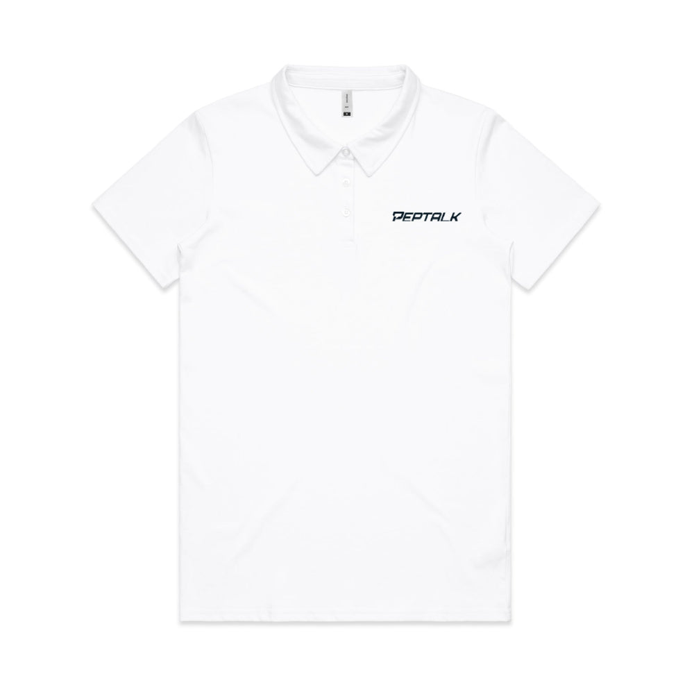 White women's polo with navy PepTalk logo on white background