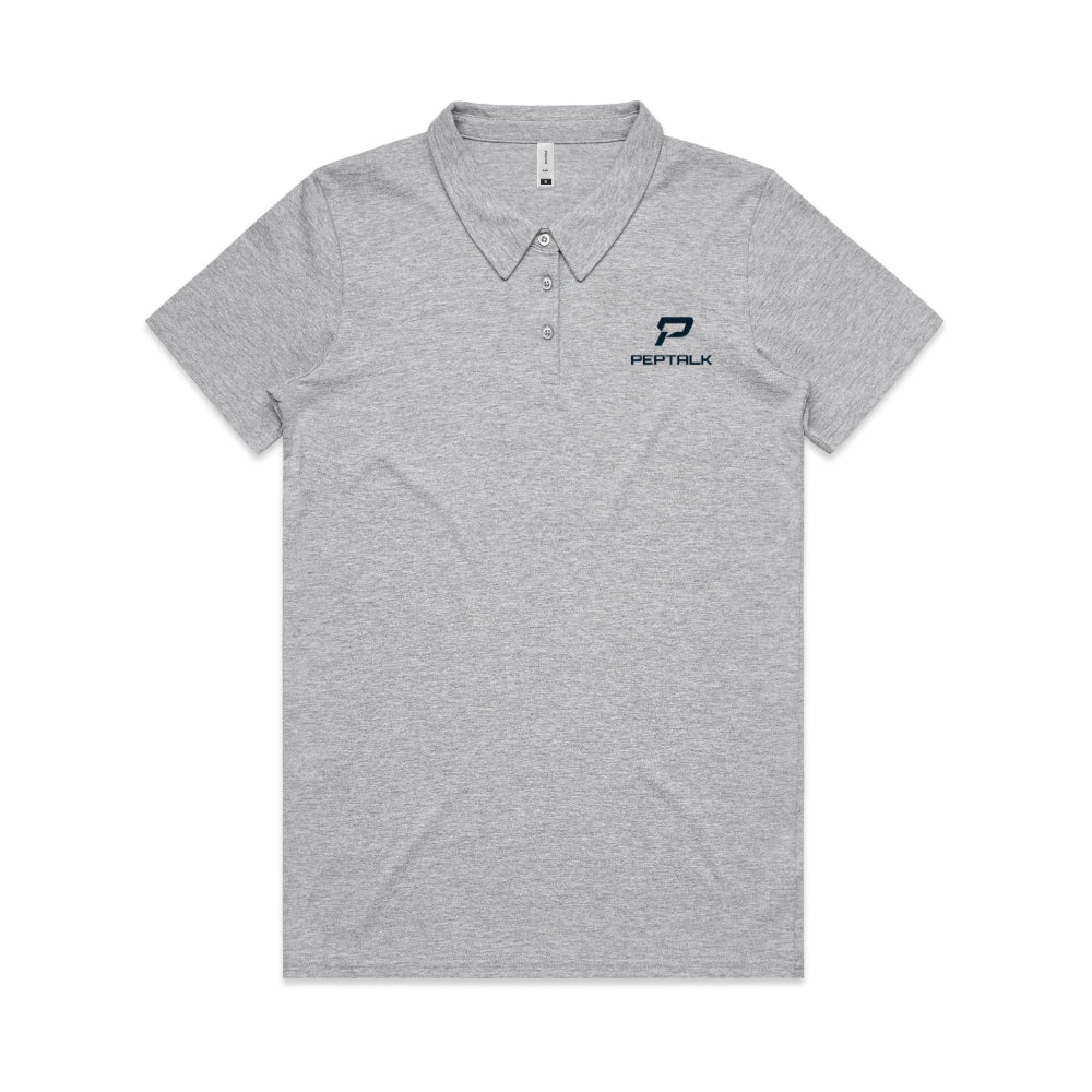 Grey women's polo with navy portrait PepTalk logo on white background