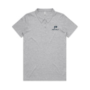 Grey women's polo with navy portrait PepTalk logo on white background