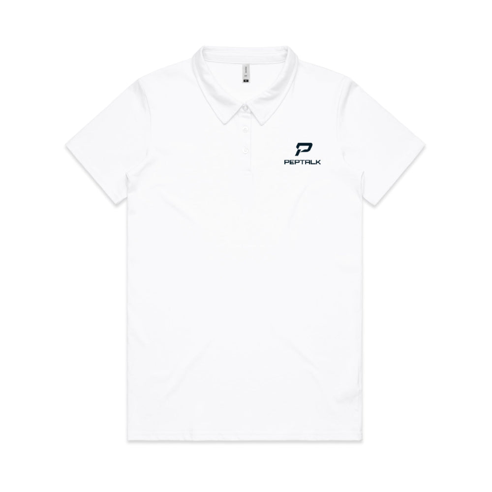 White women's polo with navy portrait PepTalk logo on white background