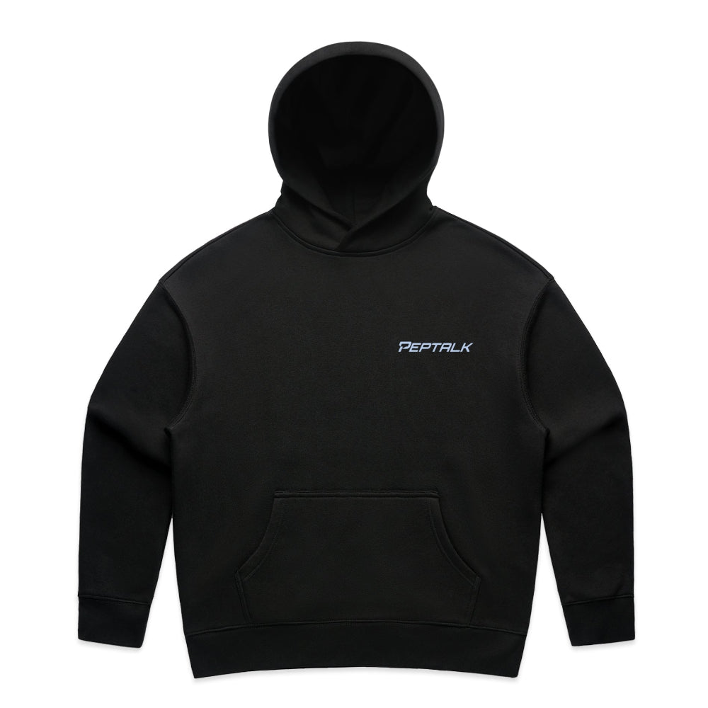 Black women's hoodie with blue PepTalk logo on white background