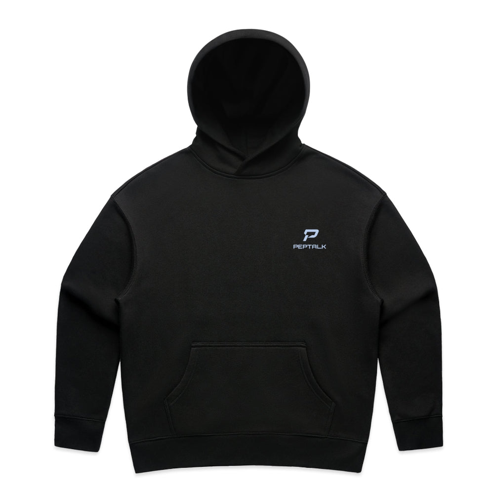 Black women's hoodie with blue portrait PepTalk logo on white background