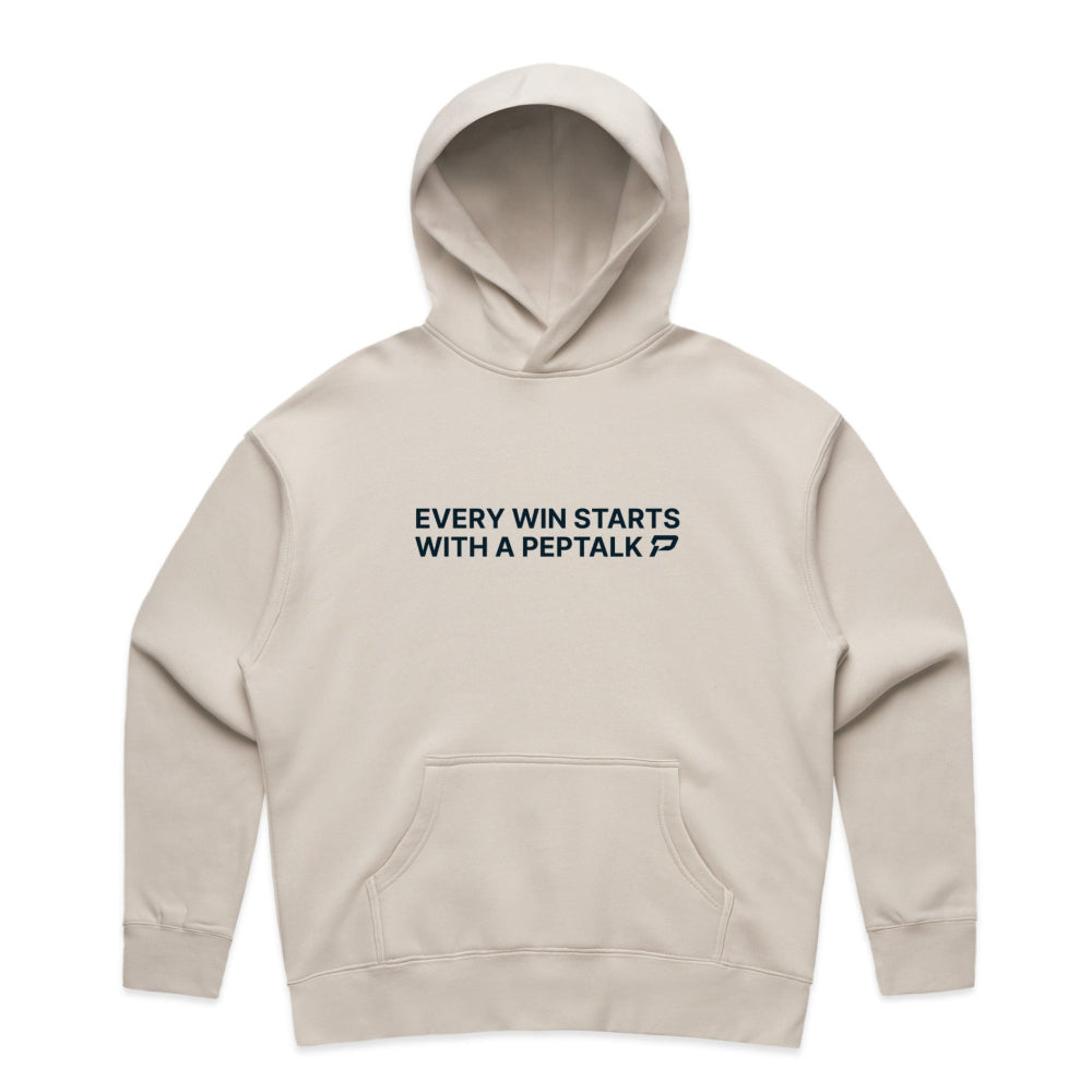 Bone colour women's hoodie with "Every Win Starts With A PepTalk" design on white background