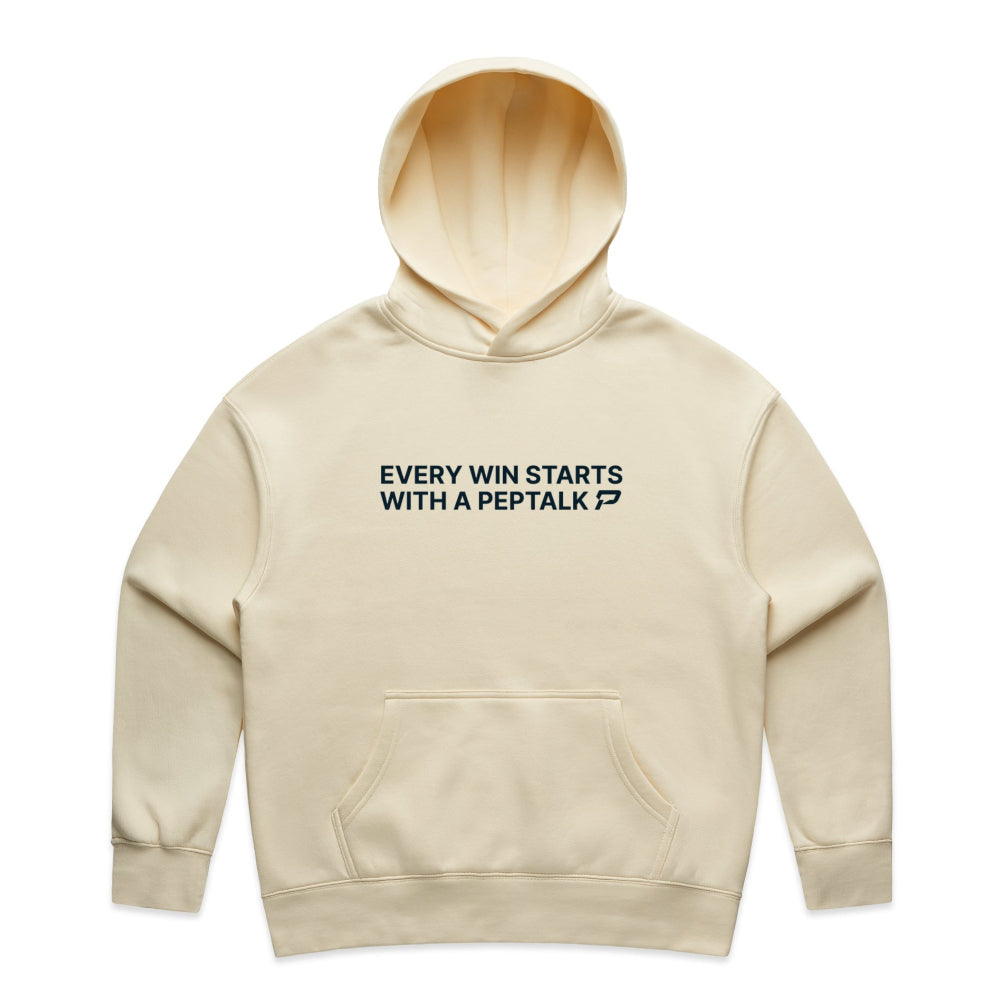 Butter colour women's hoodie with "Every Win Starts With A PepTalk" design on white background