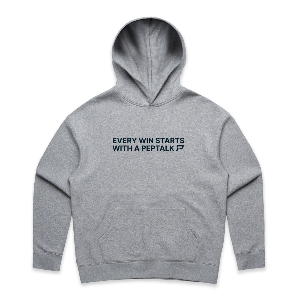 Grey women's hoodie with "Every Win Starts With A PepTalk" design on white background