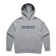 Grey women's hoodie with "Every Win Starts With A PepTalk" design on white background