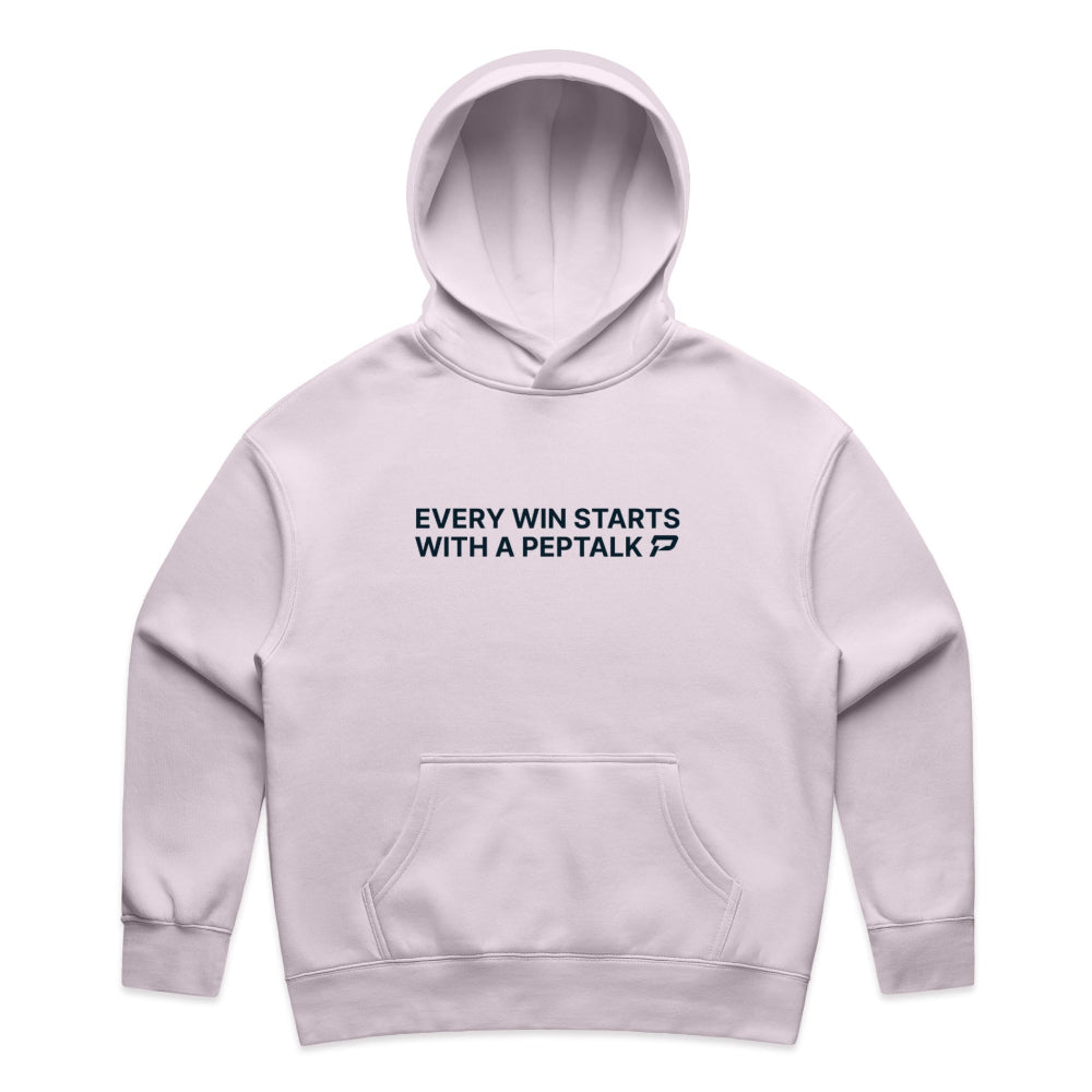 Orchid colour women's hoodie with "Every Win Starts With A PepTalk" design on white background