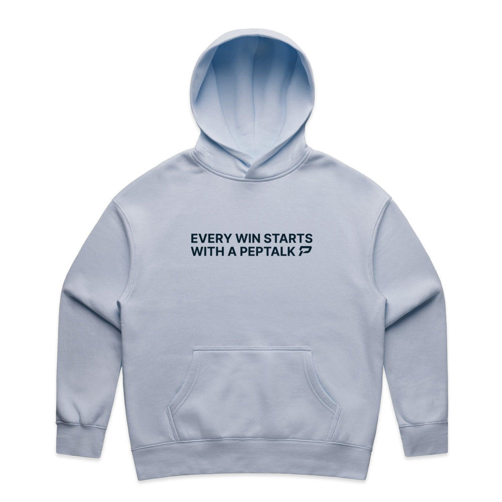 Powder colour women's hoodie with "Every Win Starts With A PepTalk" design on white background